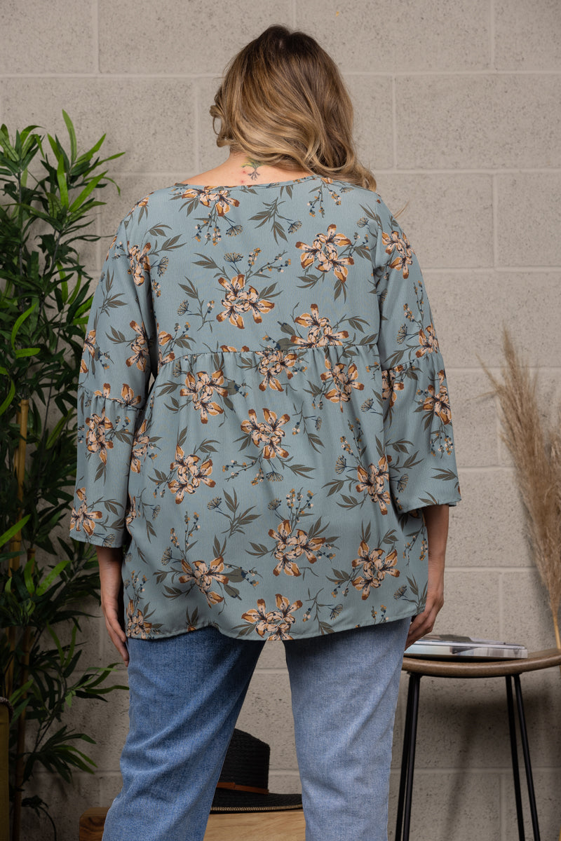FLORAL PRINT BABYDOLL BELL SLEEVE PLUS SIZE TOP