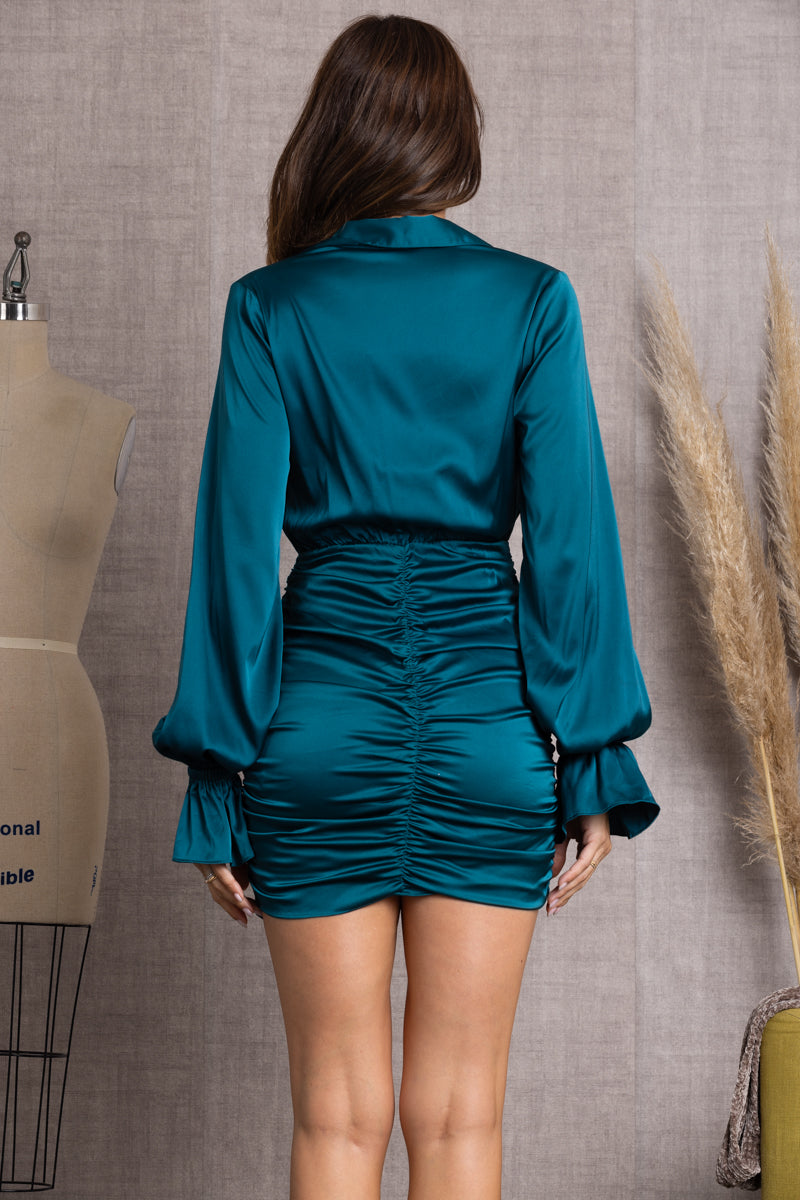 teal long sleeve dress Wholesale Teal V-Neck Long Sleeves Side String Mini Dress-Missy
