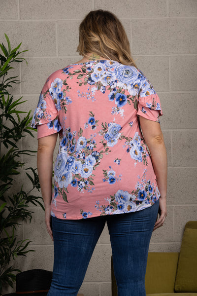 FLORAL PRINT KNIT LAYERED SHORT SLEEVES PLUS SIZE KNIT TOP