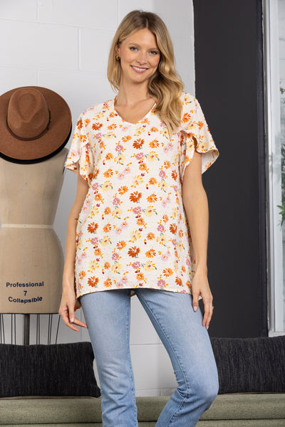 T1997-Wholesale CREAM SWISS DOTS FLORAL PRINT TUNIC TOP