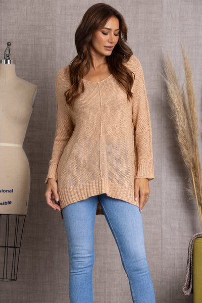 SW4204H-SAND CABLE KNIT LONG SLEEVES SWEATER