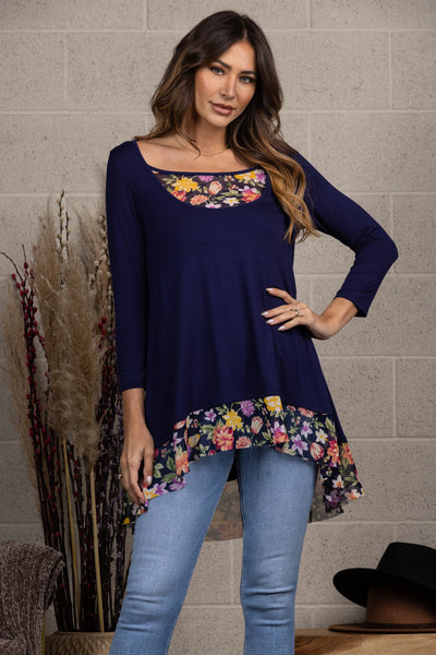 SCCOP NECK WITH FLORAL MESH DETAIL LONG SLEEVES TOP