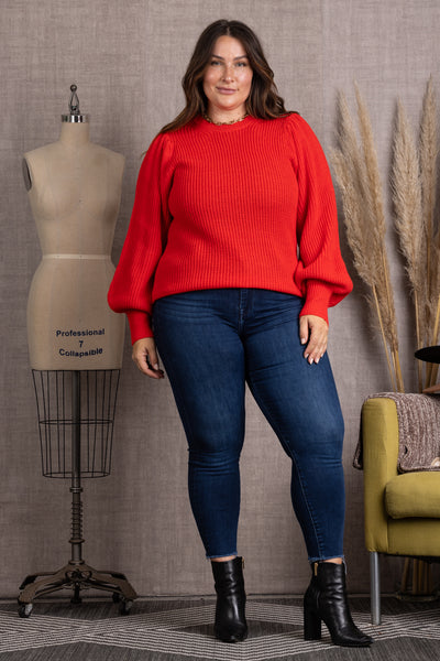 IS11001-RED CABLE KNIT LONG SLEEVES PLUS SIZE SWEATER
