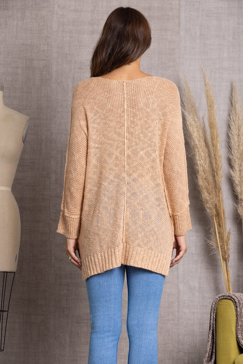 SW4204H-SAND CABLE KNIT LONG SLEEVES SWEATER