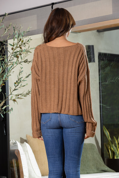 SS7411-CAMEL V-NECK LONG SLEEVES CROP TOP SWEATER