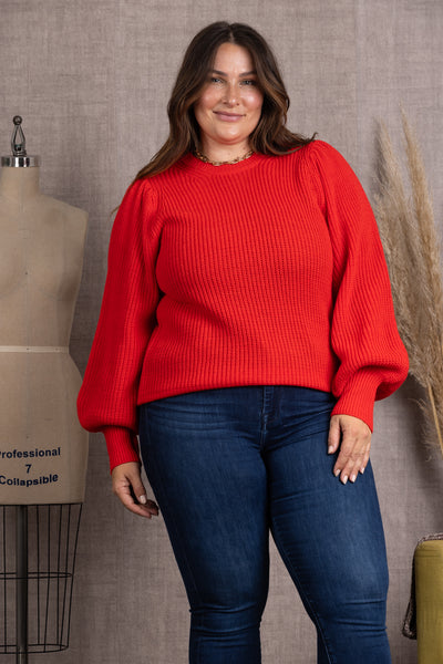 IS11001-Wholesale RED CABLE KNIT LONG SLEEVES PLUS SIZE SWEATER