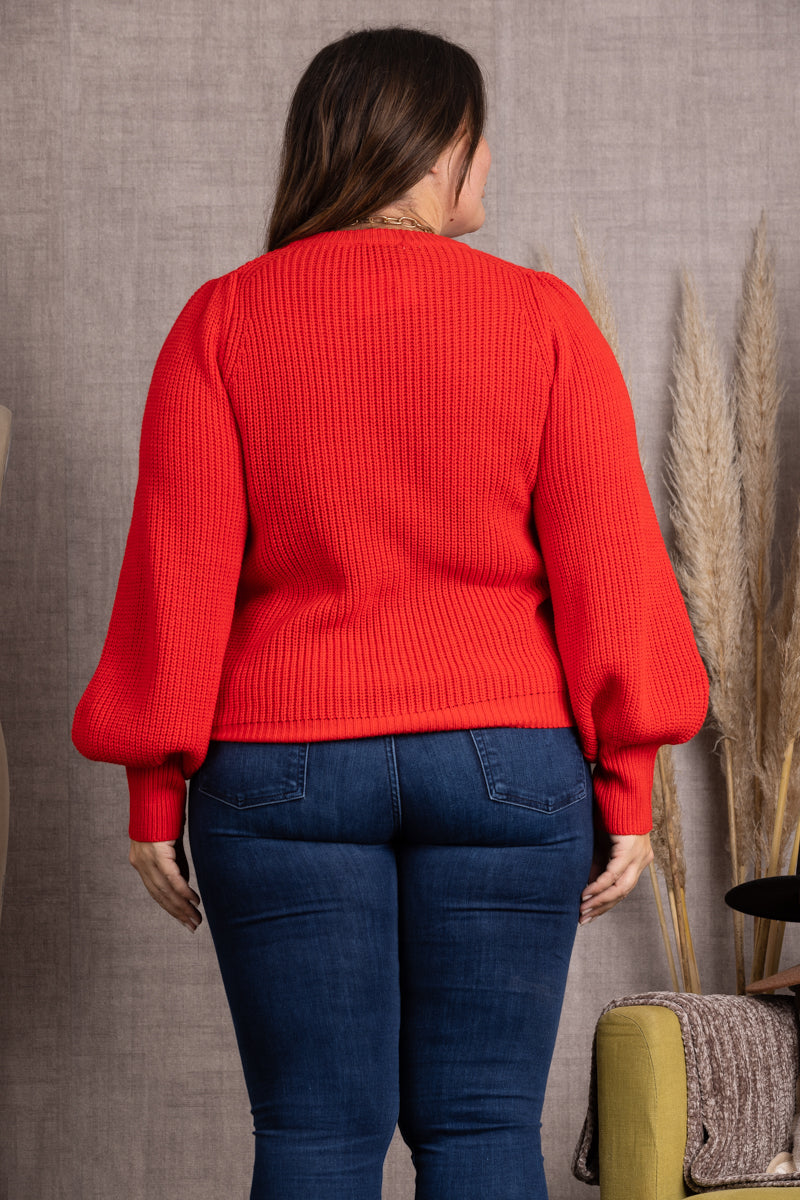 IS11001-RED CABLE KNIT LONG SLEEVES PLUS SIZE SWEATER