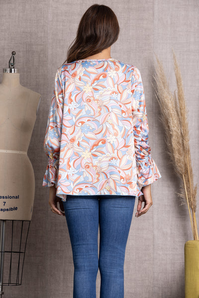 BLUE PRINTED V-NECK CUFF LONG BALLOON SLEEVE TOP-ST11922
