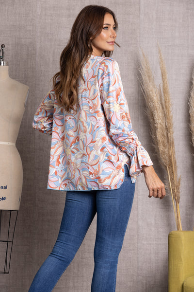 BLUE PRINTED V-NECK CUFF LONG BALLOON SLEEVE TOP-ST11922