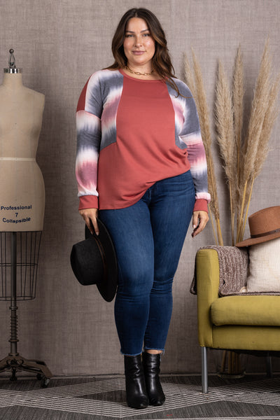 MAGENTA OMBRE LONG SLEEVES PLUS SIZE KNIT TOP-ET5125