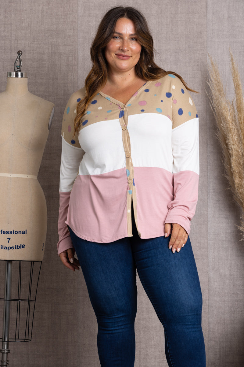 TAUPE MIXED-PATTERN BUTTON DOWN PLUS SIZE SWEATER-CT43590DX