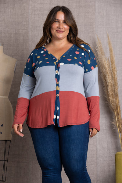 NAVY MIXED-PATTERN BUTTON DOWN PLUS SIZE SWEATER-CT43590DX