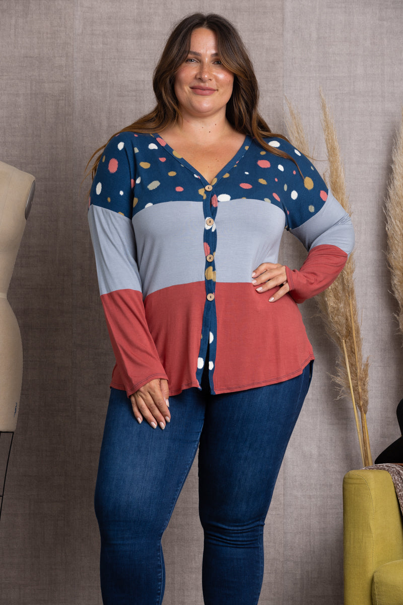 NAVY MIXED-PATTERN BUTTON DOWN PLUS SIZE SWEATER-CT43590DX