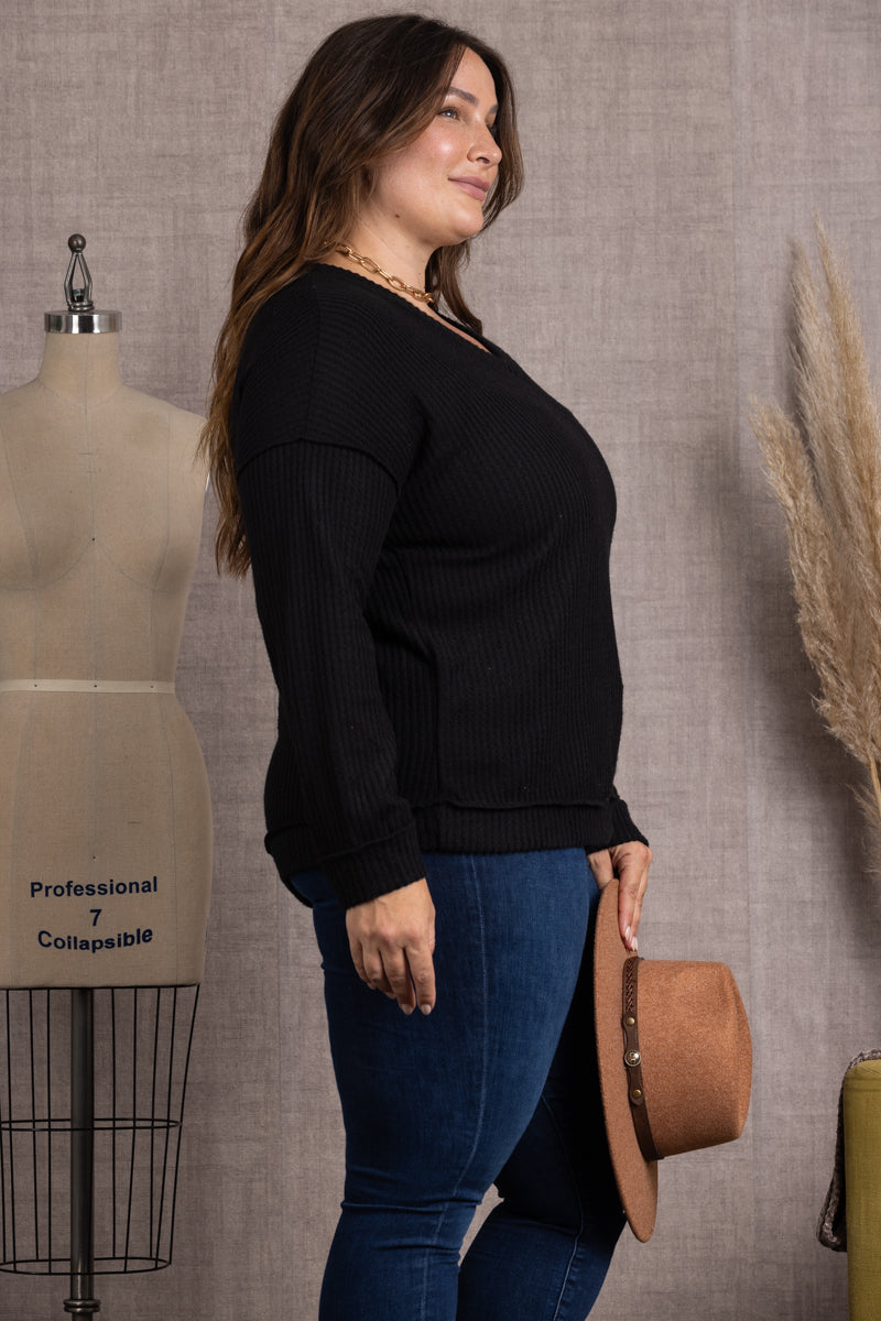 BLACK RIBBED KNIT LONG SLEEVES PLUS SIZE TOP-M5044P