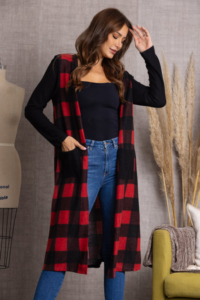 SG21022-Wholesale RED OPEN FRONT PATCH POCKET LONG CARDIGAN