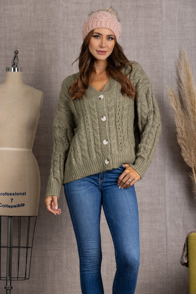 OLIVE CABLE KNIT BUTTON DOWN LONG SLEEVES CARDIGAN-SS7068