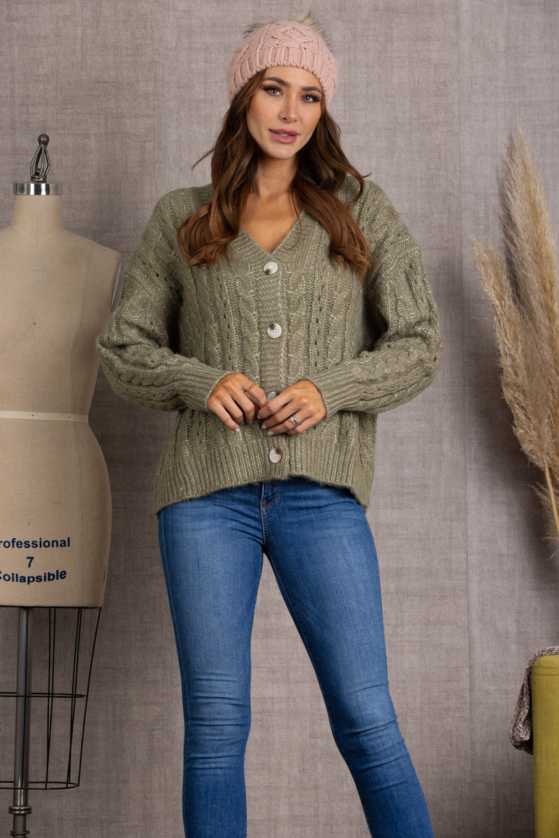 OLIVE CABLE KNIT BUTTON DOWN LONG SLEEVES CARDIGAN-SS7068