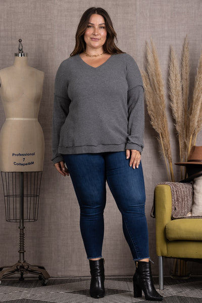 M5044P-Wholesale CHARCOAL RIBBED KNIT LONG SLEEVES PLUS SIZE TOP