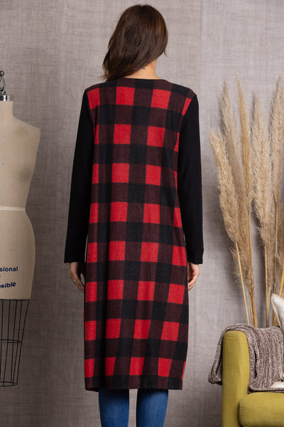 SG21022-RED OPEN FRONT PATCH POCKET LONG CARDIGAN