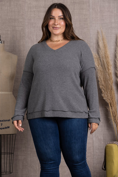 CHARCOAL RIBBED KNIT LONG SLEEVES PLUS SIZE TOP-M5044P