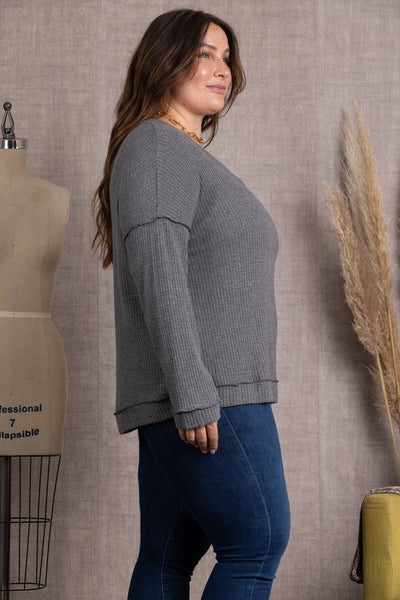 CHARCOAL RIBBED KNIT LONG SLEEVES PLUS SIZE TOP-M5044P