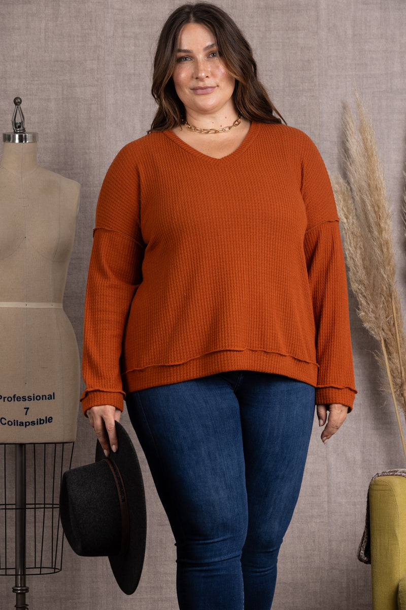 M5044P-Wholesale RUST RIBBED KNIT LONG SLEEVES PLUS SIZE TOP