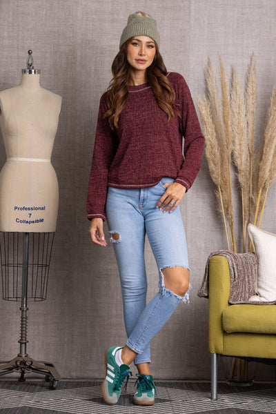 TY10845-Wholesale BURGANDY KNITTED LONG SLEEVE TOP