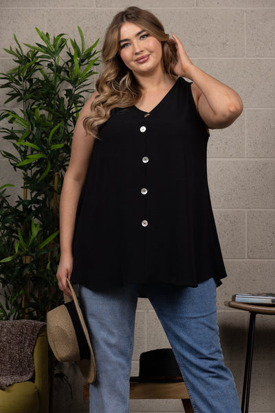 SOLID COLOR BUTTON DETAILED SLEEVELESS PLUS SIZE TOP