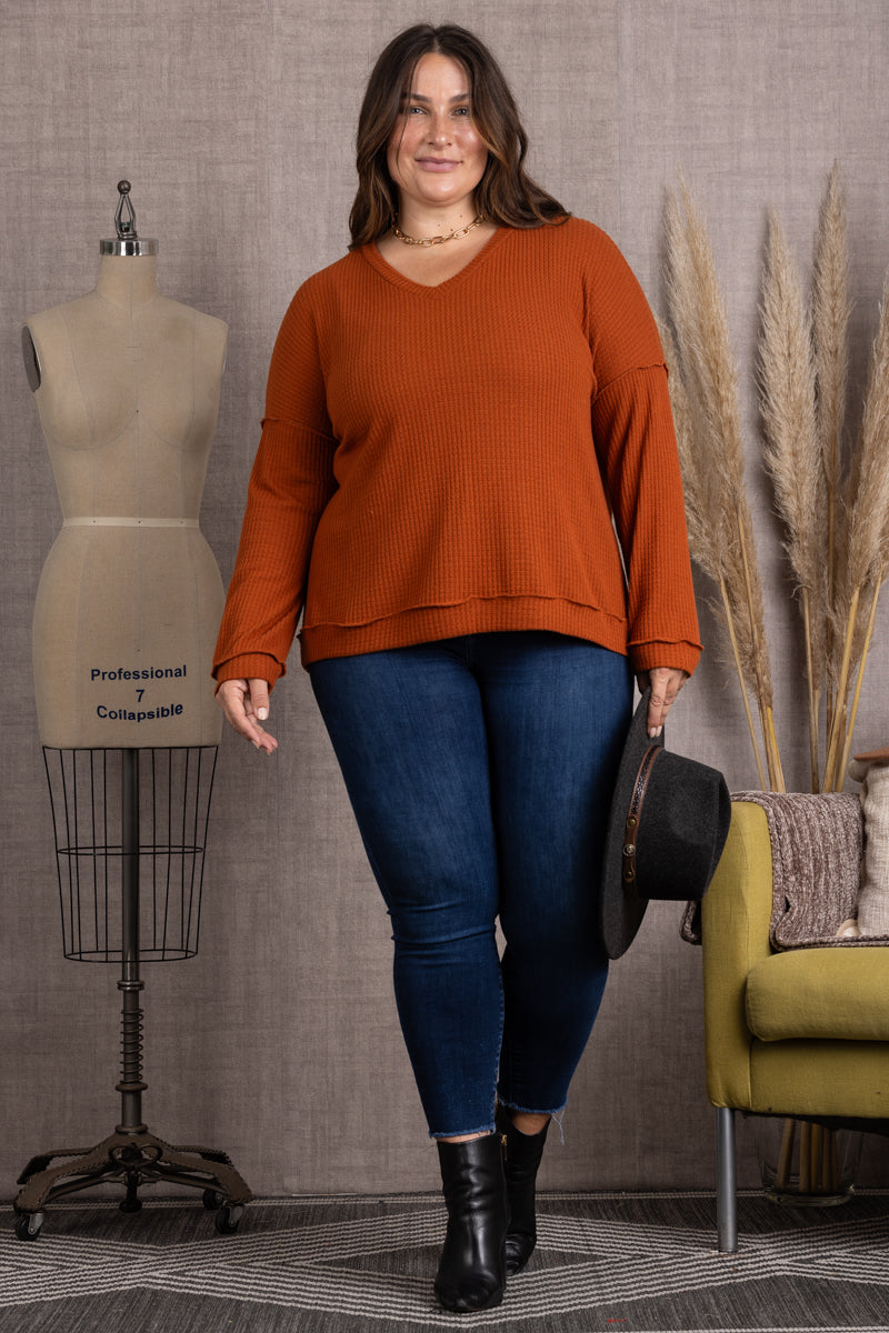 RUST RIBBED KNIT LONG SLEEVES PLUS SIZE TOP-M5044P