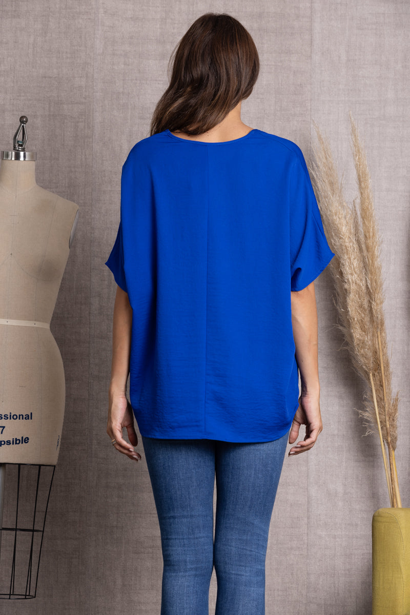 ST11475-ROYAL BLUE SOLID V-NECK SHORT SLEEVE LOOSE FIT TUNIC TOP-SW191 (2 S - 2 M - 2 L)