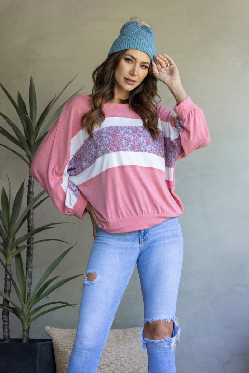TJ10890-Wholesale PINK FLORAL PRINT ACCENT LONG SLEEVE TOP
