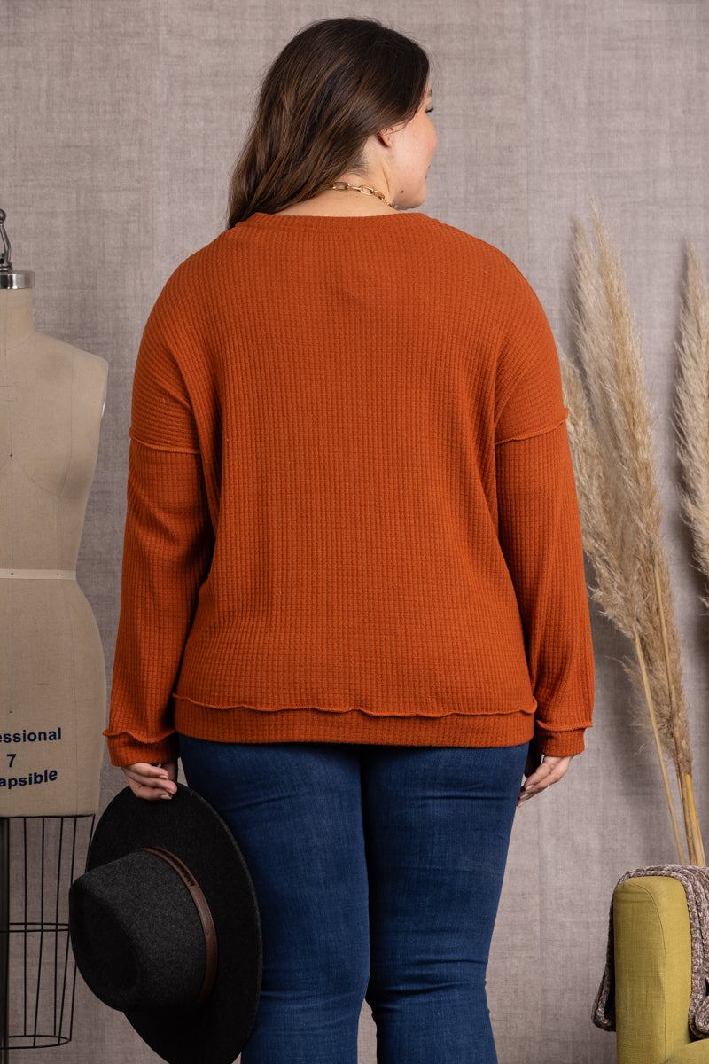 RUST RIBBED KNIT LONG SLEEVES PLUS SIZE TOP-M5044P