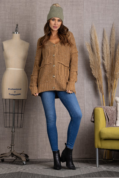 SS7405-Wholesale CINNAMON CABLE KNIT BUTTON DOWN LONG SLEEVES CARDIGAN