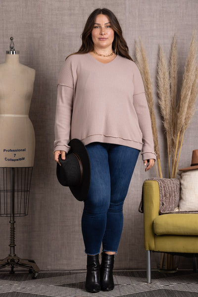 M5044P-Wholesale TAUPE RIBBED KNIT LONG SLEEVES PLUS SIZE TOP