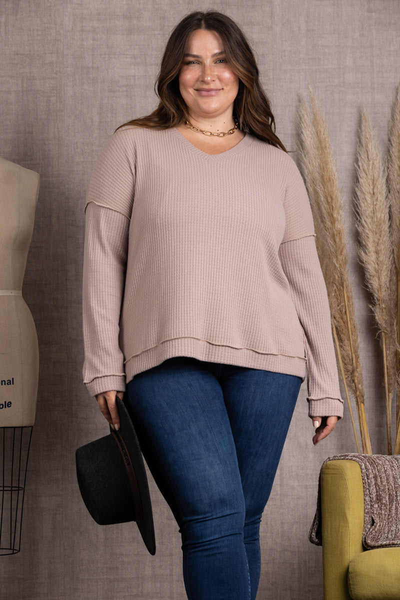 TAUPE RIBBED KNIT LONG SLEEVES PLUS SIZE TOP-M5044P