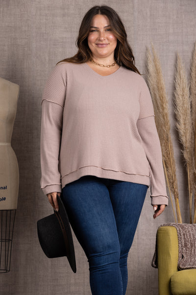 TAUPE RIBBED KNIT LONG SLEEVES PLUS SIZE TOP-M5044P