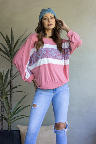 TJ10890-PINK FLORAL PRINT ACCENT LONG SLEEVE TOP