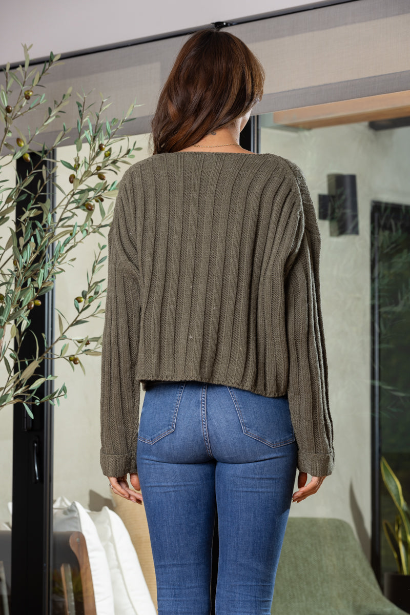 OLIVE V-NECK LONG SLEEVES CROP TOP SWEATER-SS7411