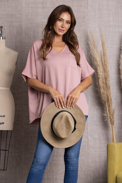 ST11475-MAUVE SOLID V-NECK SHORT SLEEVE LOOSE FIT TUNIC TOP-SW210 (2 S - 2 M - 2 L)