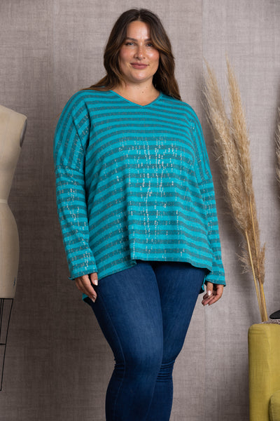 AQUA BLUE OCEAN BLUE STRIPPED & SPARKLED ALL OVER PLUS SIZE TOP-B5570X