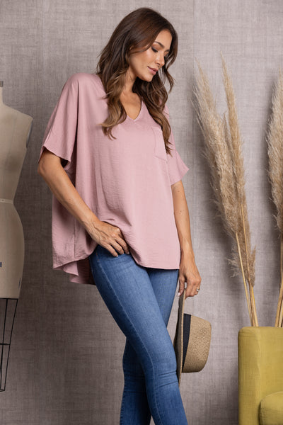 MAUVE SOLID V-NECK SHORT SLEEVE LOOSE FIT TUNIC TOP-ST11475
