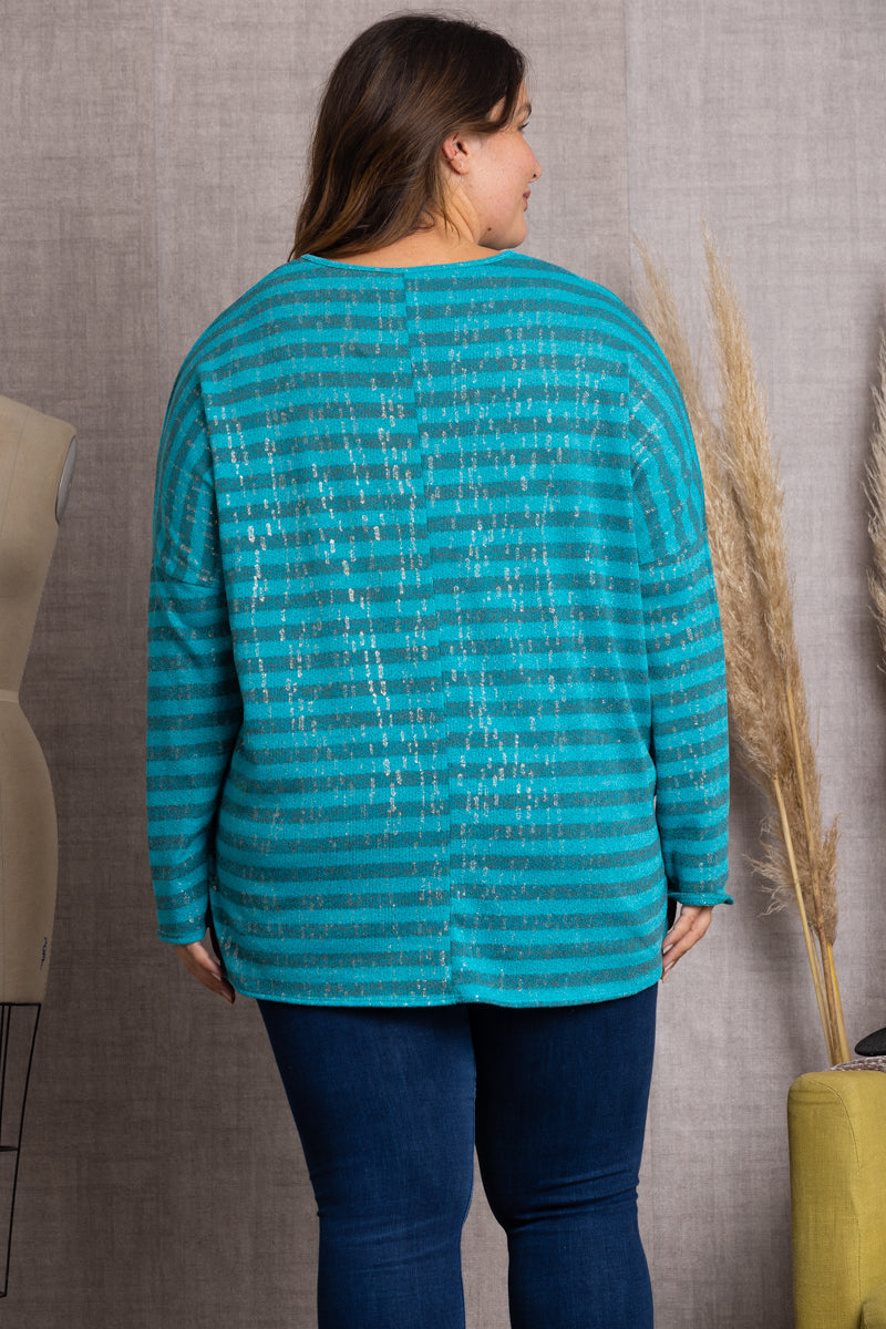AQUA BLUE OCEAN BLUE STRIPPED & SPARKLED ALL OVER PLUS SIZE TOP-B5570X