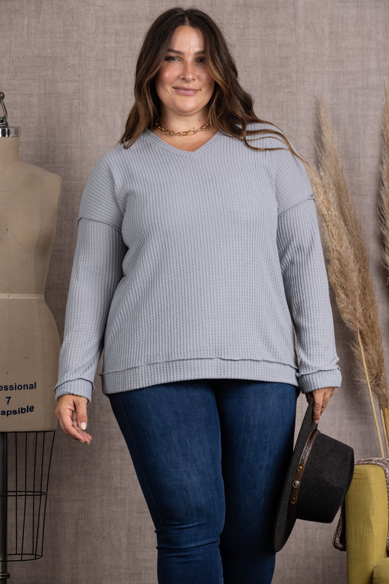 STEEL RIBBED KNIT LONG SLEEVES PLUS SIZE TOP-M5044P