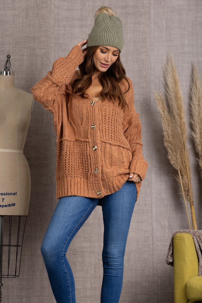 CAMEL CABLE KNIT BUTTON DOWN LONG SLEEVES CARDIGAN-SS7405