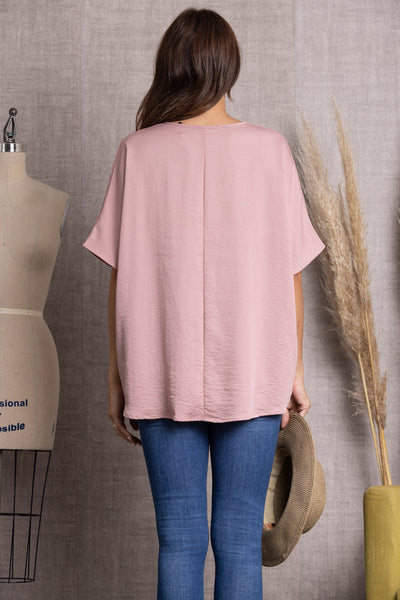 MAUVE SOLID V-NECK SHORT SLEEVE LOOSE FIT TUNIC TOP-ST11475