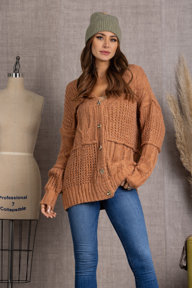 CAMEL CABLE KNIT BUTTON DOWN LONG SLEEVES CARDIGAN-SS7405
