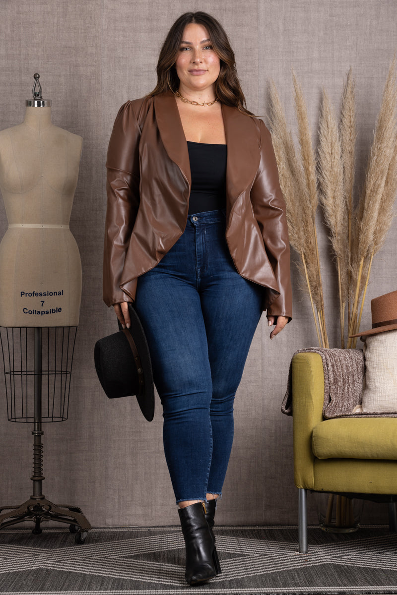 SJ1206-Wholesale BROWN LAPEL PU LEATHER PLUS SIZE BLAZER JACKET