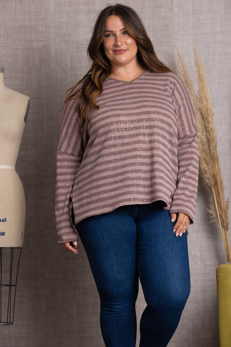 BROWN WOODLAWN BROWN STRIPPED & SPARKLED ALL OVER PLUS SIZE TOP-B5570X