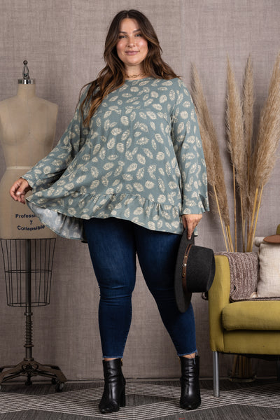 TP1944-2-Wholesale SAGE FLORAL PRINT RUFFLE SLEEVES AND HEM PLUS SIZE TOP