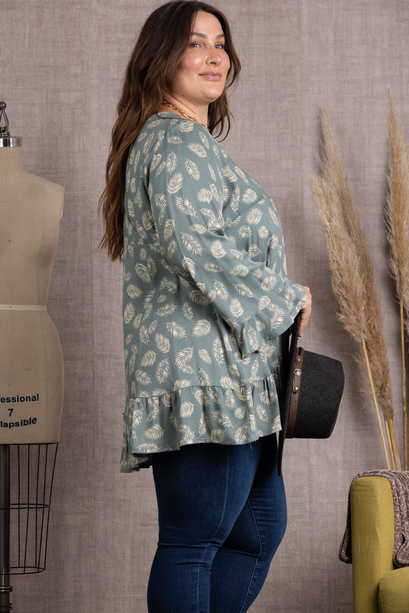 SAGE FLORAL PRINT RUFFLE SLEEVES AND HEM PLUS SIZE TOP-TP1944